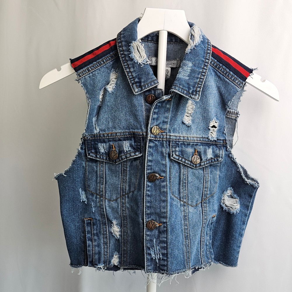 Crave Fame by Almost Famous Distressed Cropped Denim Vest Blue Small Stripe Trim